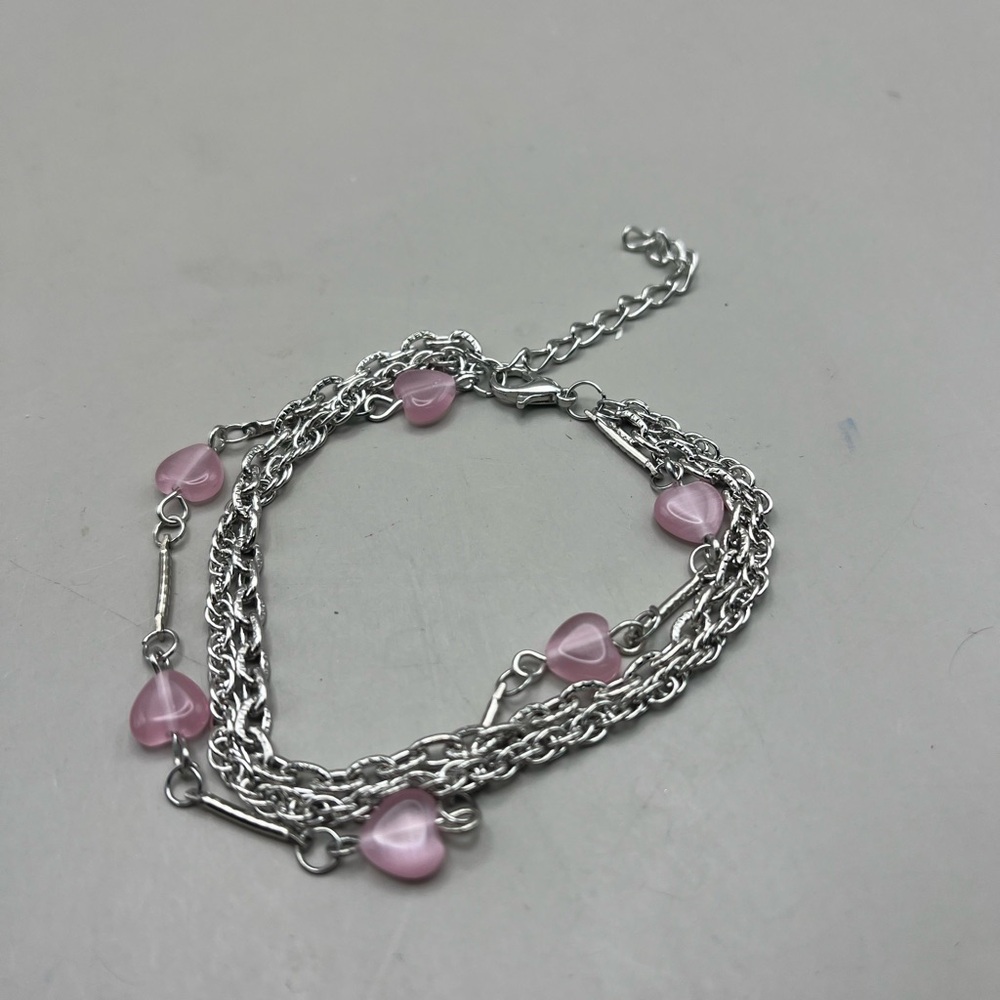 Silver and Pink Heart Charm Triple Chain Bracelet